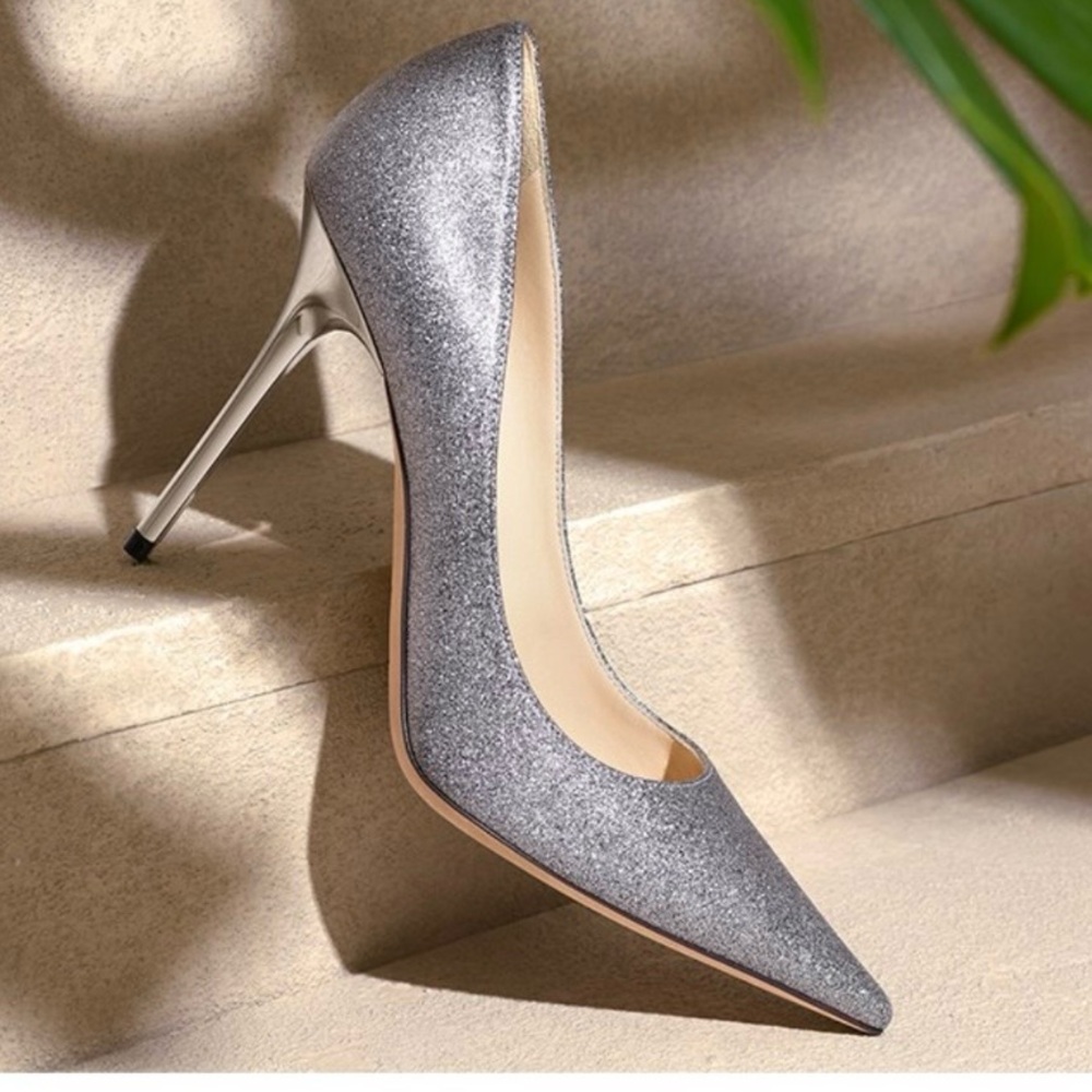 Jimmy Choo Abel 100 Glitter Sequin Silver Pumps 37.5